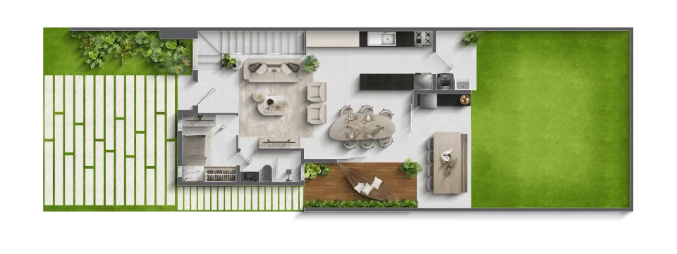 Planta humanizada do térreo da casa A do Volare em Eusébio, CE, terreno reto, com sala, cozinha e quintal gramado
