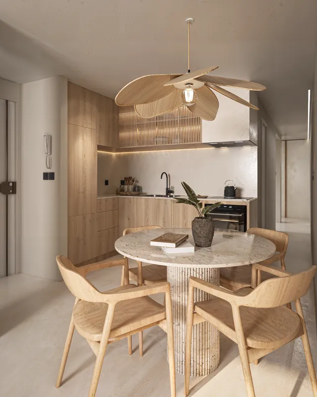 Render 3D de la cocina y office del Piso Madrid con mesa redonda de travertino y lámpara colgante de pétalos de madera