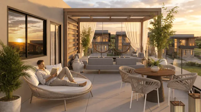 Terraço de casa no Volare em Eusébio, CE, em render 3D ao pôr do sol, com pergolado, cortinas e poltronas de corda