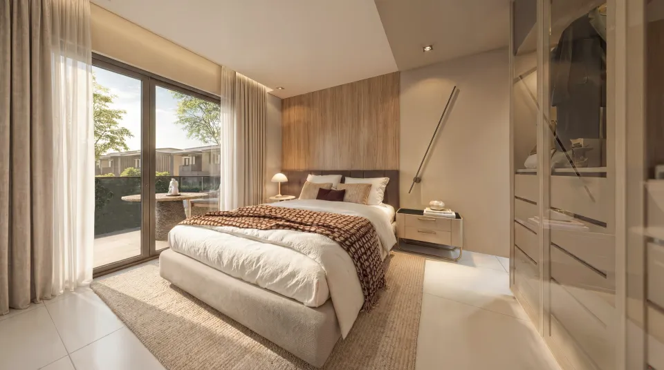 Render 3D de una suite principal de Volare con cabecero de listones, alfombra de sisal y puerta de vidrio