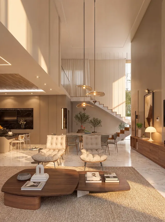 Render 3D del salón a doble altura de la Casa Alphaville con escalera escultórica y butacas capitoné