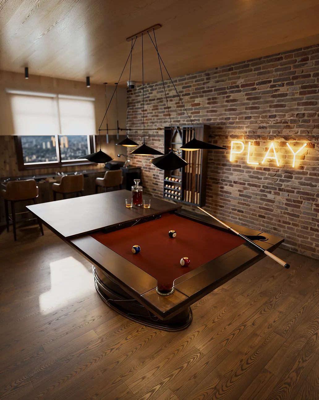 Salão de Jogos Liv Green em render 3D, com tijolo aparente, luminárias pretas sobre a sinuca e janelas panorâmicas