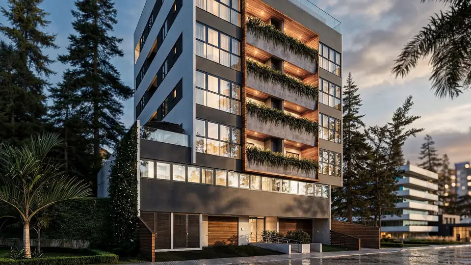 3D visualisatie van de gevel van Liv Green Residence bij schemering, met beplante balkons en houten gevelbekleding (project van Render Fabrik)