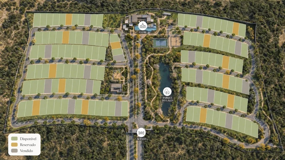 Mapa de vendas de loteamento com lotes disponíveis, reservados e vendidos (estudo conceitual Render Fabrik)