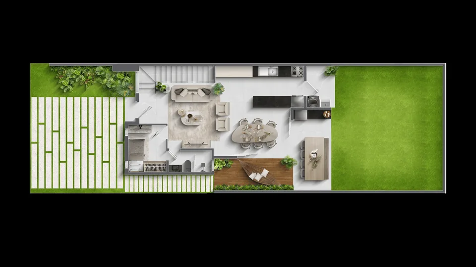Planta humanizada do térreo de casa do condomínio Volare, Eusébio, CE (projeto Render Fabrik)