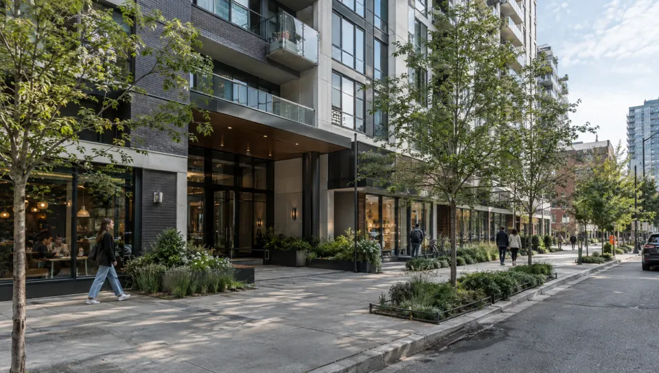 Render 3D ilustrativo ao nível da rua da entrada de um edifício residencial com calçada arborizada
