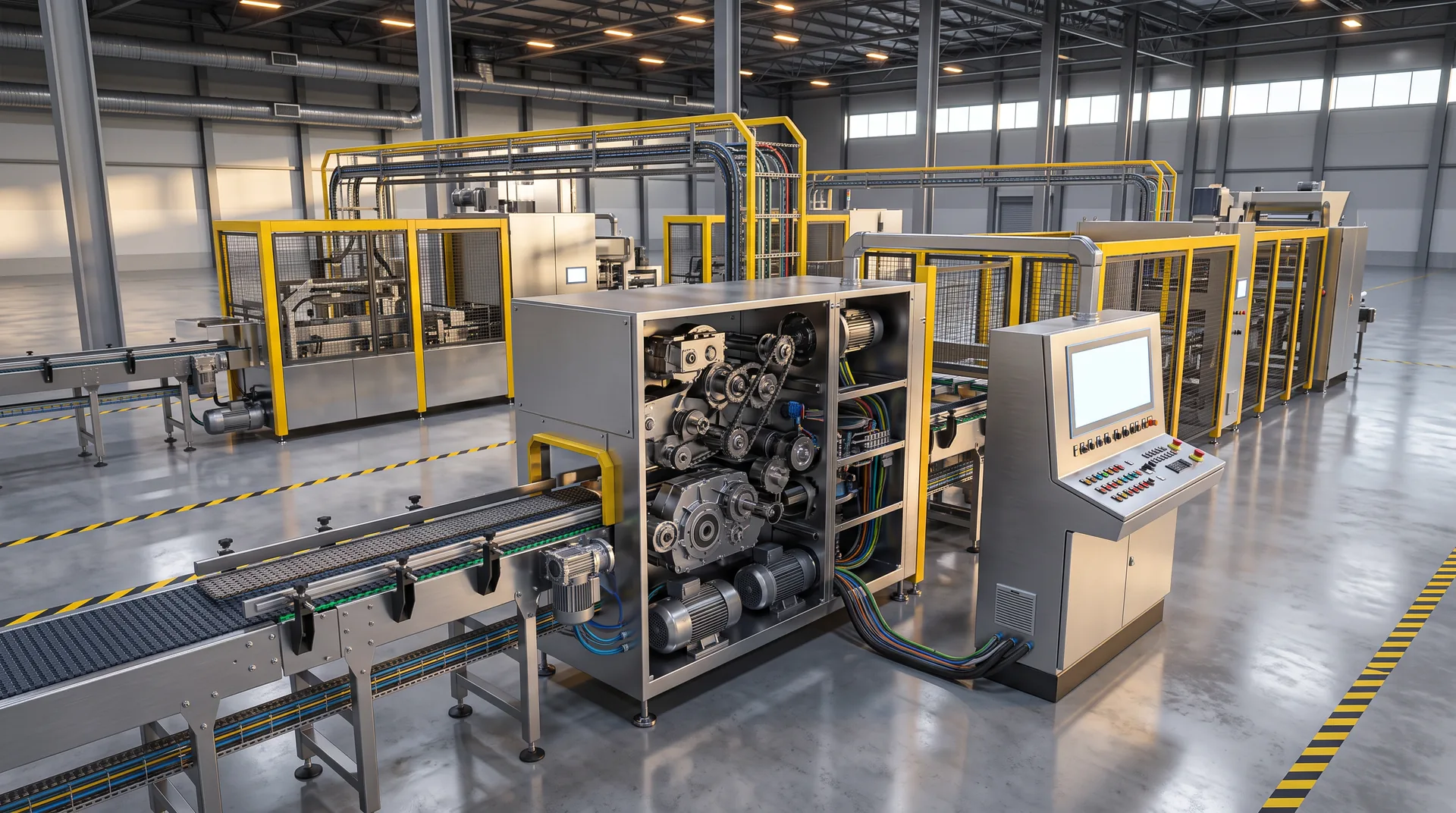 Visualização 3D ilustrativa de linha industrial em aço inox com corte mostrando engrenagens e motores