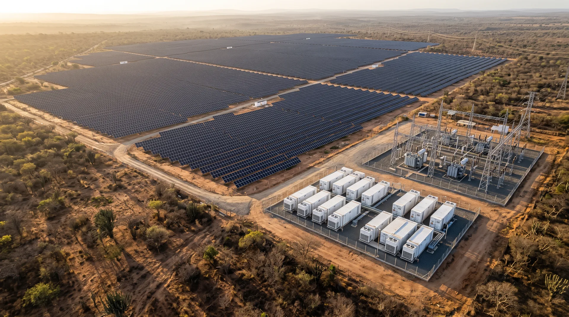Render 3D ilustrativo aéreo de usina solar com rastreadores, containers de baterias e subestação ao amanhecer