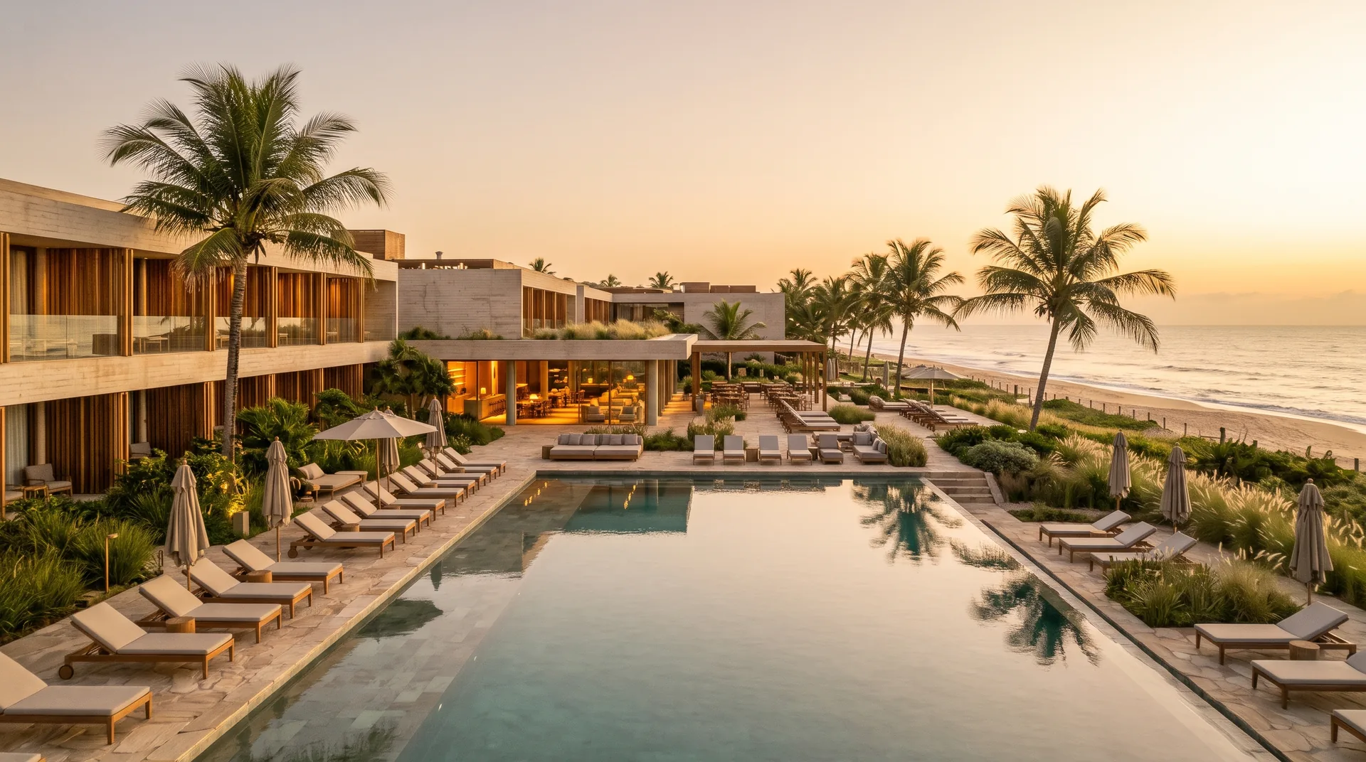 Render 3D ilustrativo de resort contemporâneo no litoral, com piscina de borda infinita e coqueiros ao entardecer