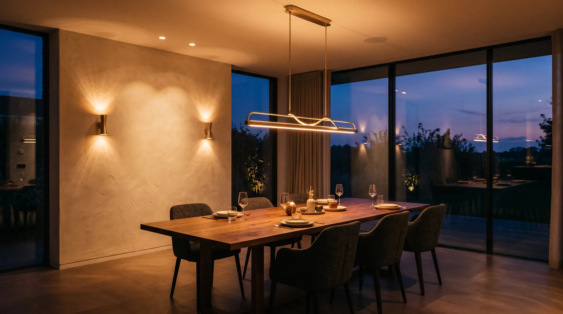 Render 3D ilustrativo de sala de jantar ao anoitecer com pendente linear em latão e arandelas acesas