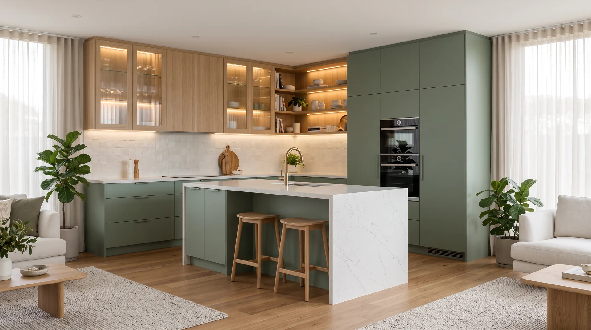 Render 3D ilustrativo de cozinha planejada com armários verde-sálvia, carvalho claro e ilha de quartzo
