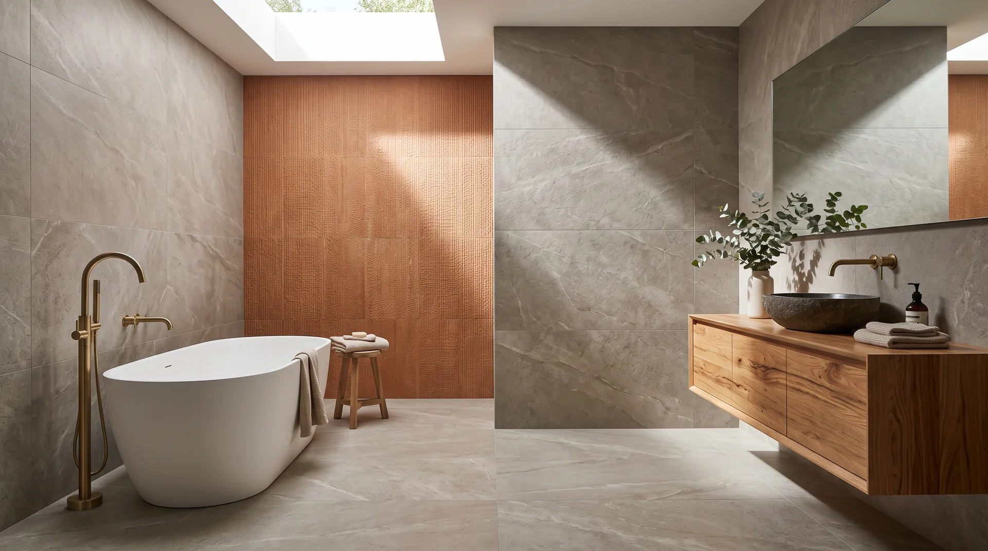 Render 3D ilustrativo de banheiro com porcelanato de grande formato e parede de revestimento terracota