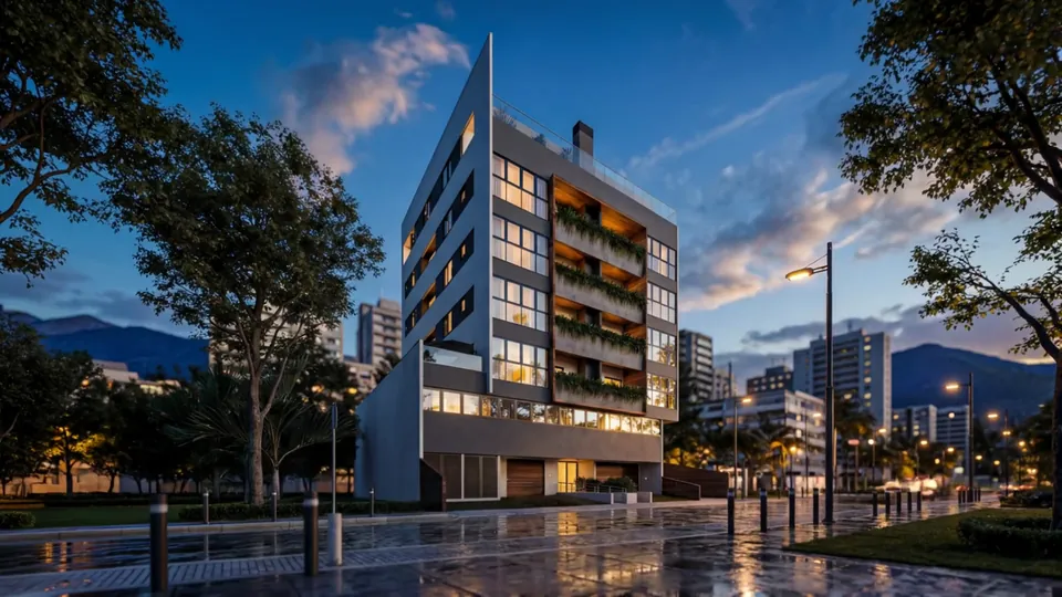 Liv Green Residence ao anoitecer, com as varandas verdes iluminadas, em animação 3D