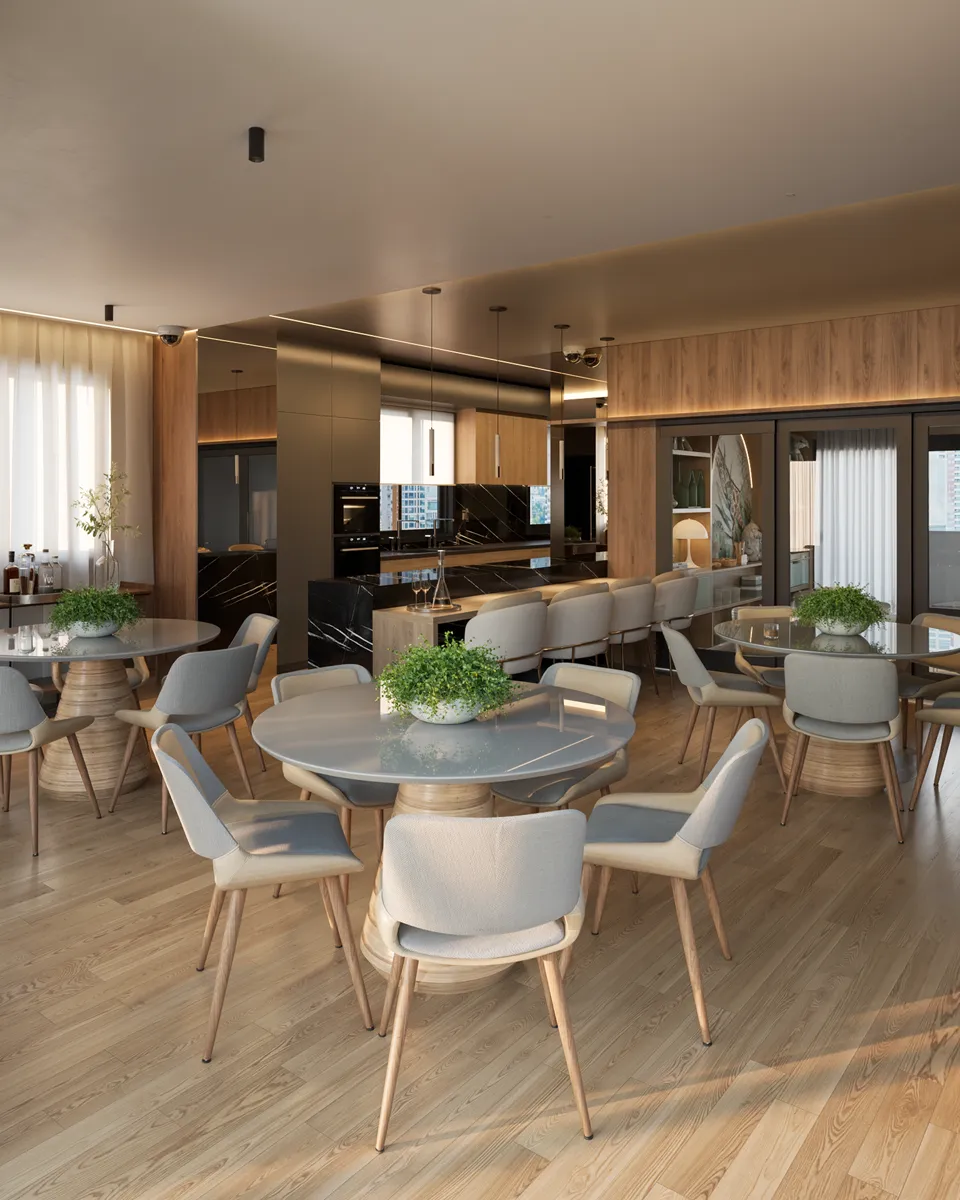Salão de festas do Liv Green Residence em render 3D