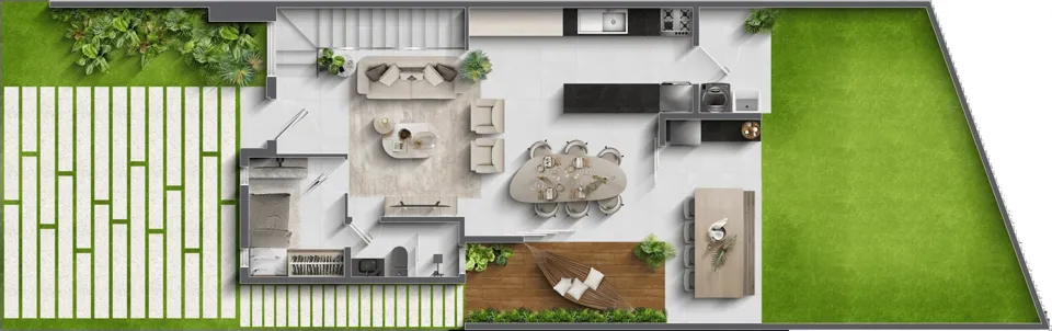 Planta humanizada do térreo da casa do Volare, terreno inclinado