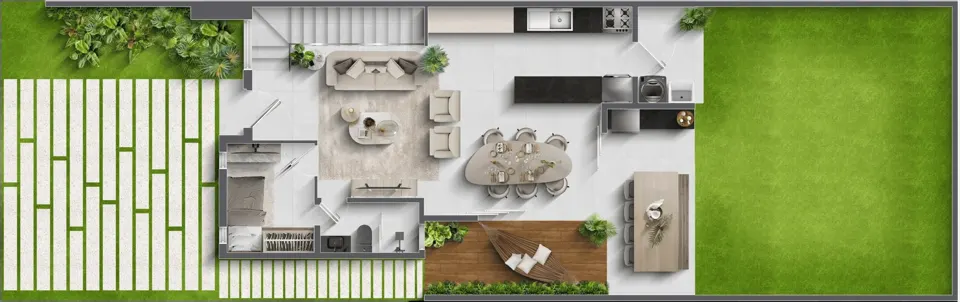 Planta humanizada do térreo da casa do Volare, terreno reto