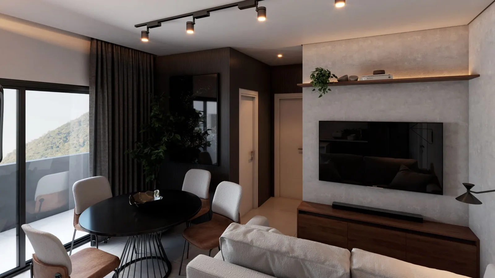 Sala integrada de apartamento decorado em render 3D do tour virtual 360°, com mesa de jantar redonda, painel de TV em cimento queimado e varanda com vista para a serra