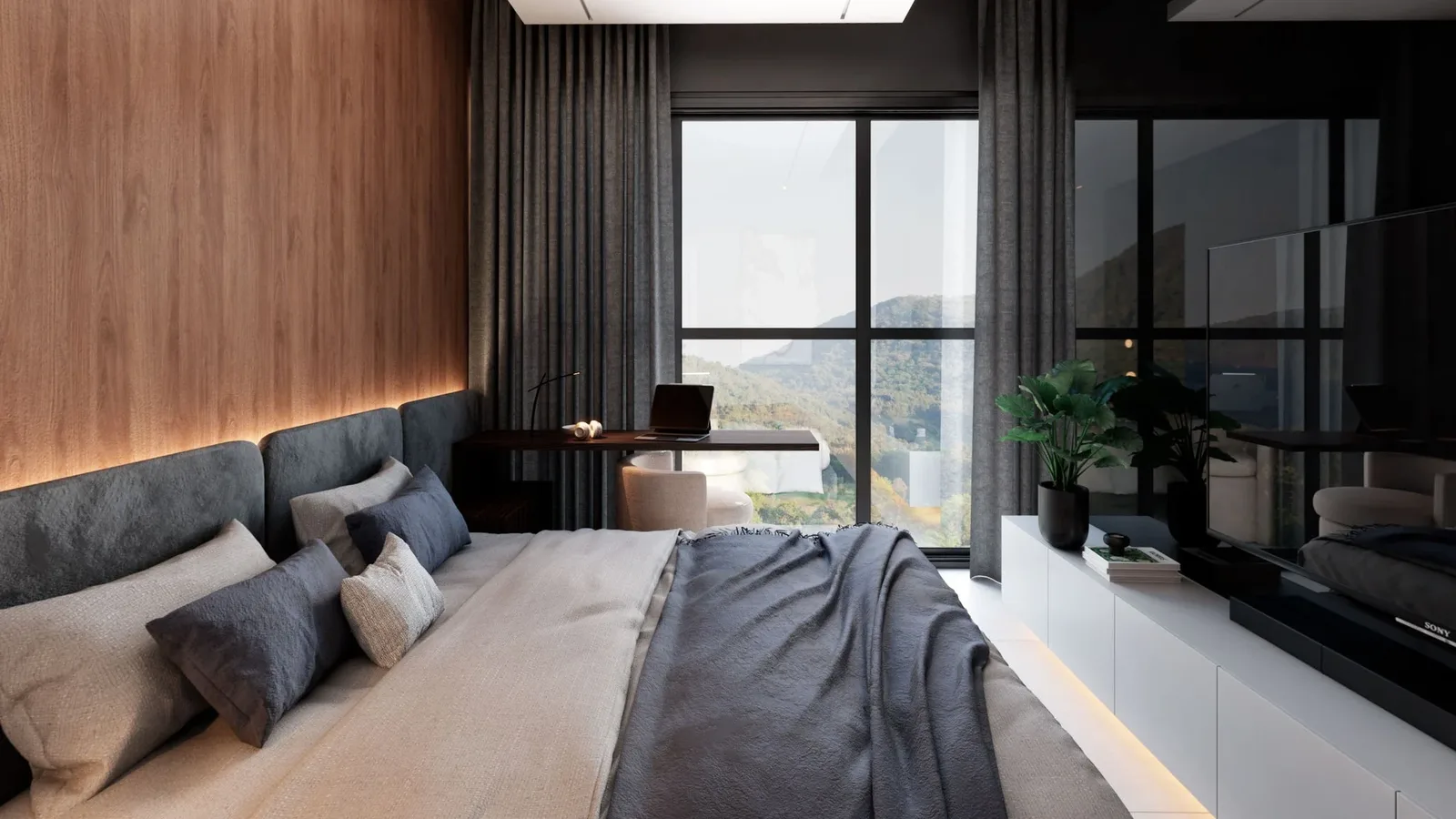 Suíte master de apartamento decorado em render 3D do tour virtual 360°, com cabeceira estofada, painel de madeira com LED e janela com vista para a serra